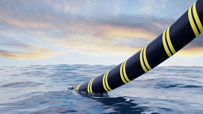 Liquid lands capacity of subsea cable Equiano in Nigeria and South Africa 9 3d rendering of a submarine cable being installed