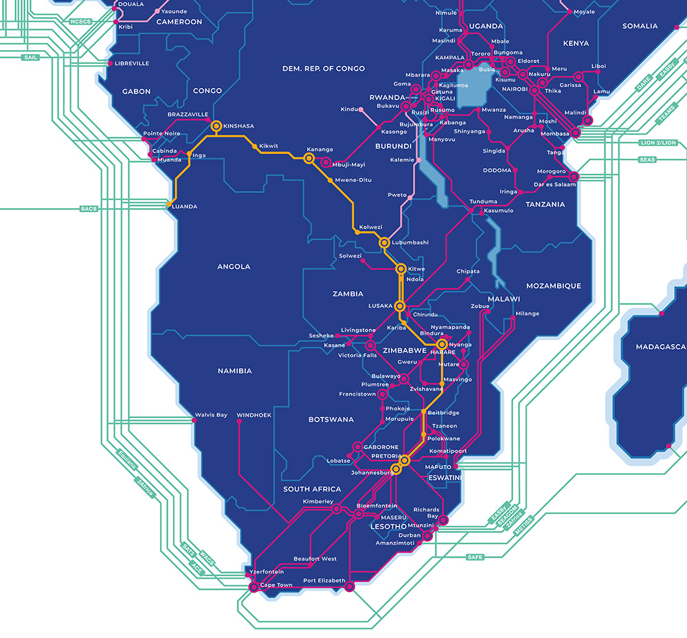 Liquid Dataport and Angola Telecom improve connectivity between Angola and COMESA region with a new fibre route to Johannesburg 9 LIT Fibre Map Mar23 Global MoLu